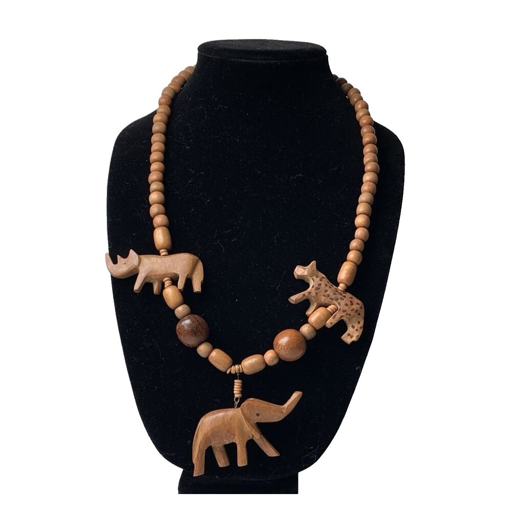 Vintage African Safari Elephant Leopard Beaded Necklace Wood Tribal Statement